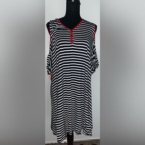 Navy blue and White Striped Dress with Red Accents